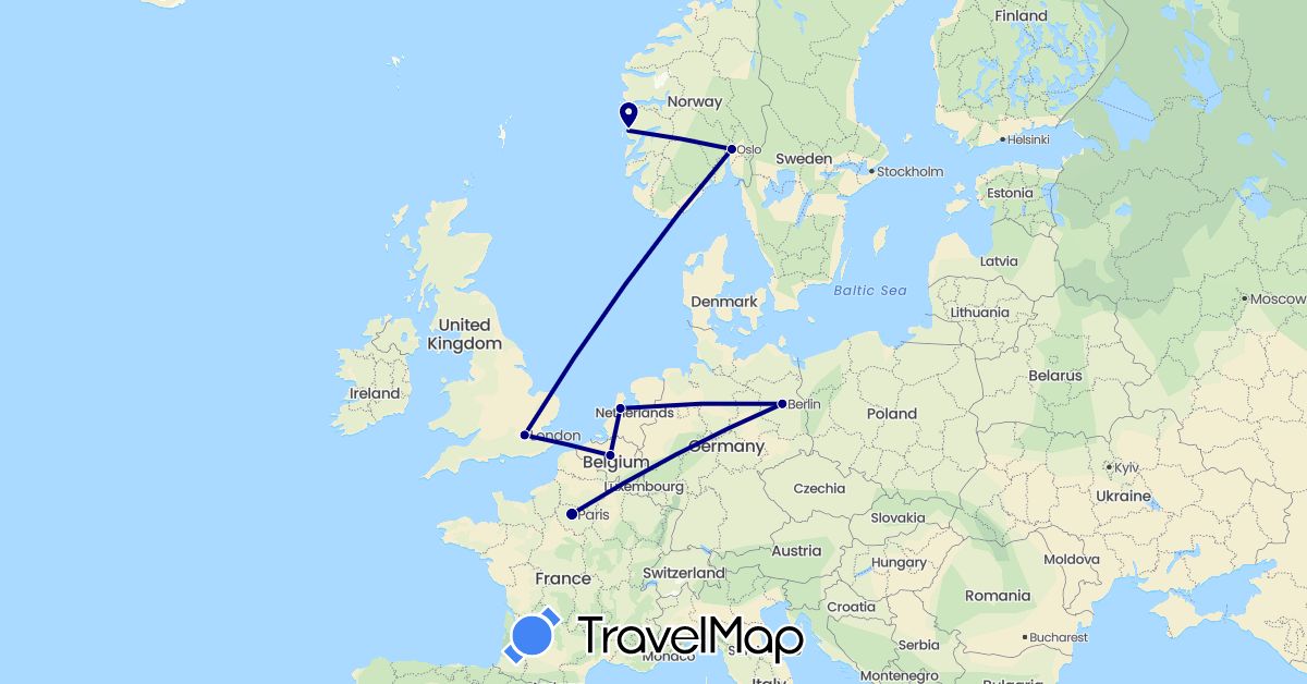 TravelMap itinerary: driving in Belgium, Germany, France, United Kingdom, Netherlands, Norway (Europe)