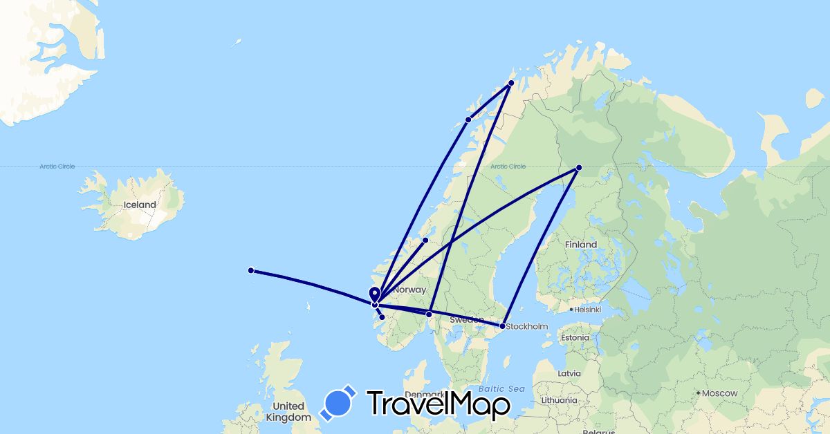 TravelMap itinerary: driving in Finland, Faroe Islands, Norway, Sweden (Europe)